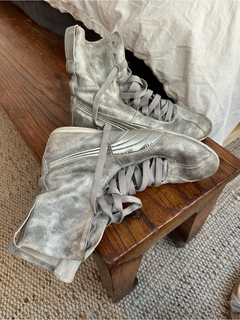 Puma Metallic Silver High-Top Lace-Up Sneakers Boxing Style